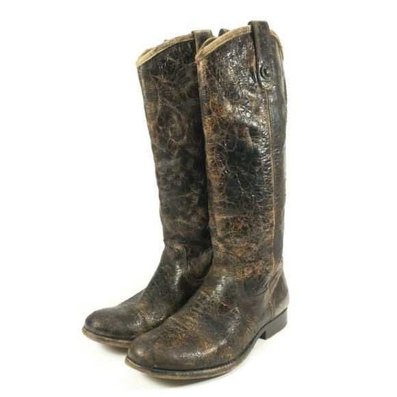 Frye Brown Distressed Crackled Brown Cowboy Boots - Picture 1 of 7